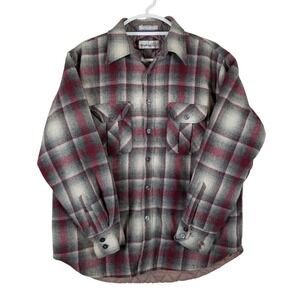 VTG Windbreaker Mens Quilted Flannel Shirt Jacket Wool Blend Plaid Red Grey Sz L